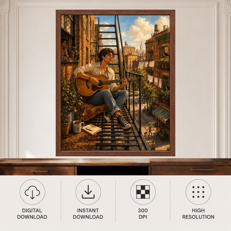 May include: A framed wall art print depicting a person sitting on a metal fire escape, playing an acoustic guitar. The scene features brick apartment buildings, laundry hanging on lines, and a city street below under a bright blue sky.
