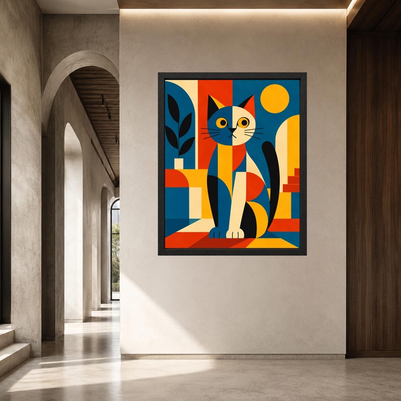 Geometric Cat Print, Mid-Century Modern Bauhaus Animal Art (Digital Download) image 6