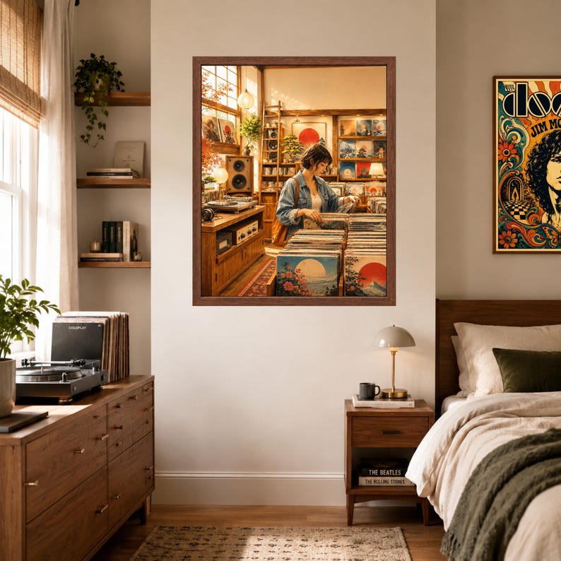 May include: A framed wall art print depicting a record store interior with a person browsing vinyl albums. The artwork features warm lighting, wooden shelves, and album covers with red sun motifs. A separate poster of The Doors is on the wall.