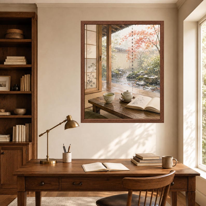 May include: A framed wall art print depicting a serene Japanese garden scene with a wooden porch, a tea set, and an open book. The artwork features a view of a rainy garden with autumn foliage, a stone basin, and a wooden structure, displayed in a room.