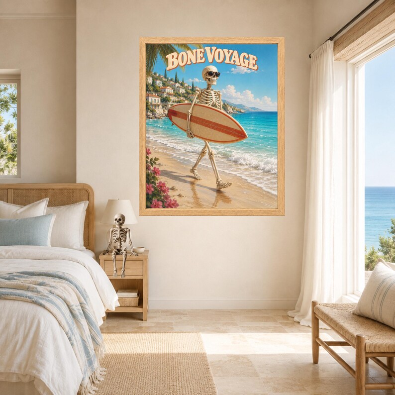 Funny Skeleton Surfer Poster, Retro Beach Art, Coastal Decor (Digital Download) image 7