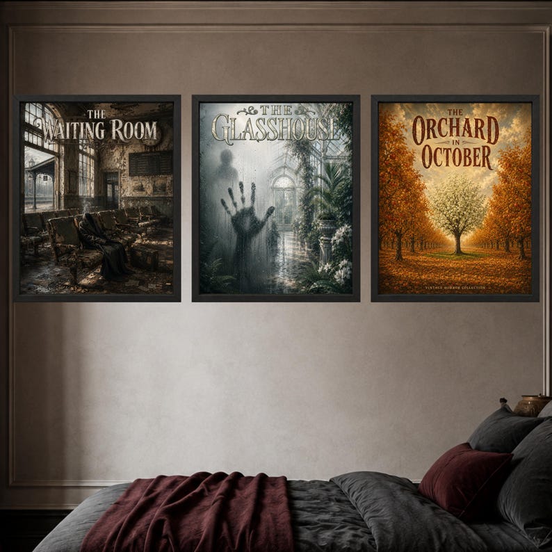 May include: Three framed wall art prints featuring dark, atmospheric scenes. The left print shows a train station waiting room titled The Waiting Room. The centre print depicts a glasshouse with a handprint on the glass. The right print shows an autumn orchard titled The Orchard in October.