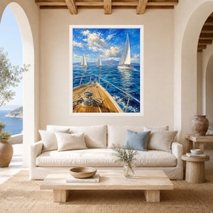 May include: A framed wall art print depicting a view from the wooden deck of a boat looking out at a deep blue sea with two sailboats under a bright sky with white clouds. The deck features a metal winch and rope in the foreground.