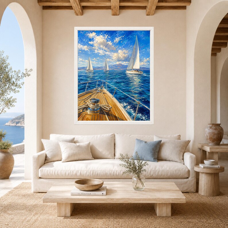 May include: A framed wall art print depicting a view from the wooden deck of a boat looking out at a deep blue sea with two sailboats under a bright sky with white clouds. The deck features a metal winch and rope in the foreground.