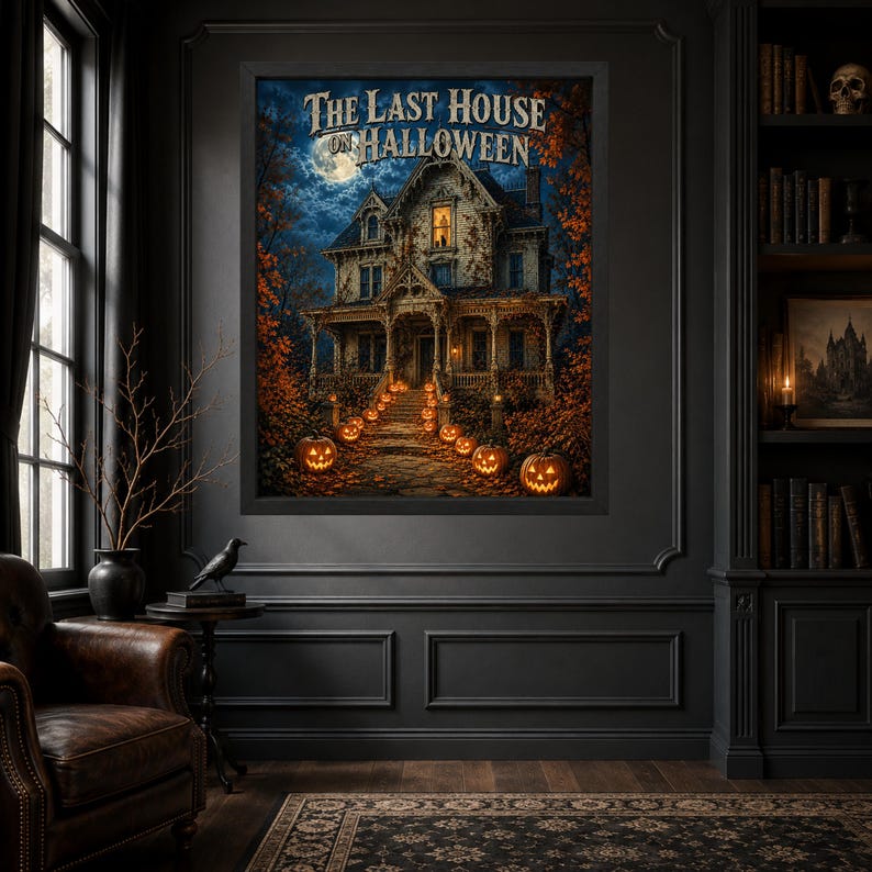 May include: A framed wall art print titled The Last House on Halloween, depicting a dark, multi-story Victorian house at night under a full moon, surrounded by autumn trees and a stone path lined with glowing orange jack-o'-lanterns.