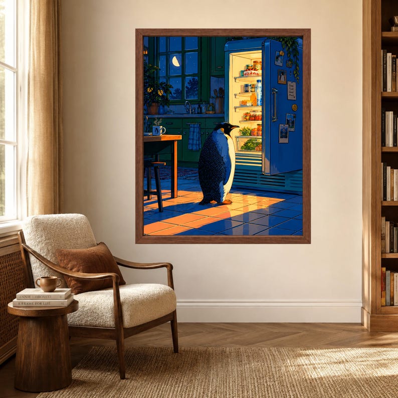 May include: A framed wall art print depicting a penguin standing in a dark kitchen at night, illuminated by the warm light from an open blue refrigerator. The scene features a wooden table, a window with a crescent moon, and tiled floors.