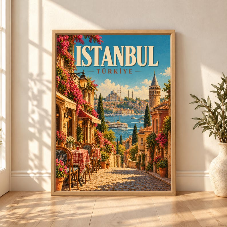 Framed Istanbul Türkiye travel poster showing a flower-lined cobblestone street with café tables, Galata Tower, a domed mosque, Bosphorus ferries, terracotta rooftops and bright blue water.