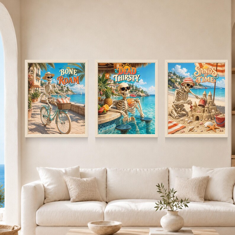 May include: Three framed wall art prints featuring skeletons in tropical settings. The first shows a skeleton on a bicycle with the text Bone to Roam. The second shows a skeleton in a pool with the text Dead Thirsty. The third shows a skeleton building a sandcastle with the text Sands of Time.