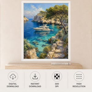May include: A framed wall art print depicting a white yacht anchored in a turquoise Mediterranean cove. The scene features rocky cliffs, a stone pathway, and a pine tree under a bright blue sky. The artwork is displayed in a white frame.