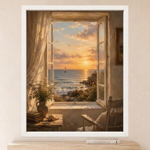 May include: A framed wall art print depicting an open window overlooking a sunset ocean scene with a sailboat. Inside, a wooden table holds a ceramic vase with flowers and a seashell, while a wooden chair sits nearby under a sheer curtain.