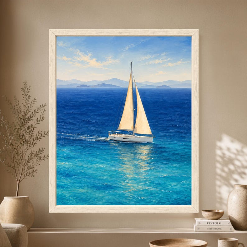 Framed sailboat wall art showing a white sailing yacht crossing vivid turquoise and deep blue ocean water with cream sails, distant mountain islands and a pale blue sky.