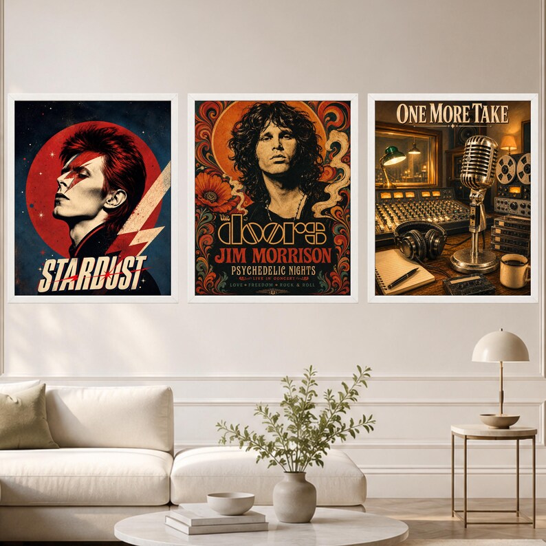 May include: Three framed wall art prints featuring music themes. The left print shows a portrait of David Bowie with a red lightning bolt and the text STARDUST. The center print depicts Jim Morrison with the text THE DOORS JIM MORRISON PSYCHEDELIC NIGHTS. The right print shows a recording studio scene with a microphone and the text ONE MORE TAKE.