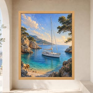 May include: A framed wall art print depicting a white sailboat anchored in a calm, turquoise bay surrounded by rocky cliffs and pine trees under a bright blue sky with scattered clouds. The scene captures a serene coastal landscape with clear water.