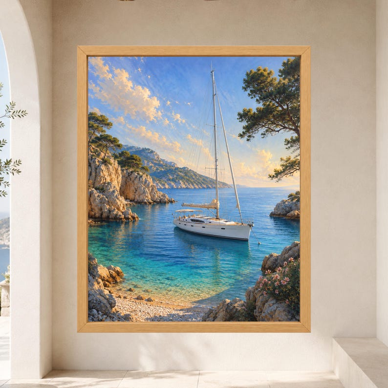 May include: A framed wall art print depicting a white sailboat anchored in a calm, turquoise bay surrounded by rocky cliffs and pine trees under a bright blue sky with scattered clouds. The scene captures a serene coastal landscape with clear water.