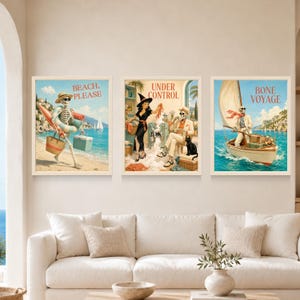 May include: Three framed wall art prints featuring vintage-style illustrations of skeletons. The left print shows a skeleton on a beach with the text BEACH, PLEASE. The center print shows a skeleton and a person with the text UNDER CONTROL. The right print shows a skeleton on a sailboat with the text BONE VOYAGE.
