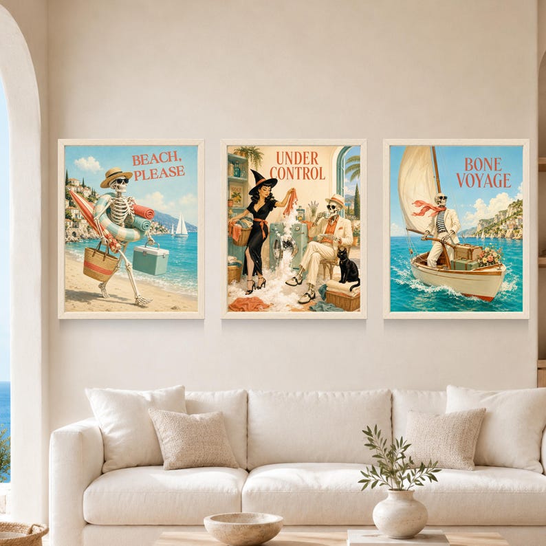 May include: Three framed wall art prints featuring vintage-style illustrations of skeletons. The left print shows a skeleton on a beach with the text BEACH, PLEASE. The center print shows a skeleton and a person with the text UNDER CONTROL. The right print shows a skeleton on a sailboat with the text BONE VOYAGE.
