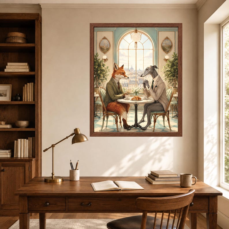Fox and Greyhound Business Lunch Art, French Cafe Decor (Digital Download) image 7
