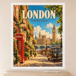 May include: A framed wall art print featuring a sunny London street scene with a red telephone box, a black taxi, and the Big Ben clock tower in the background. The text LONDON ENGLAND is printed in large cream letters at the top of the image.