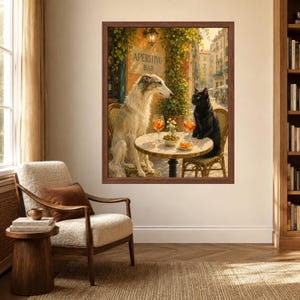 May include: A framed wall art print depicting a white Borzoi dog and a black cat sitting at a small round table outside an Aperitivo Bar. The table holds two orange cocktails and a bowl of olives. The scene is set on a sunny street with greenery.