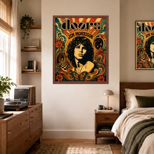 May include: A framed wall poster featuring a stylised portrait of Jim Morrison with the text The Doors and Jim Morrison. The artwork uses a vibrant colour palette of orange, yellow, teal, and red with swirling patterns, flowers, and a butterfly.