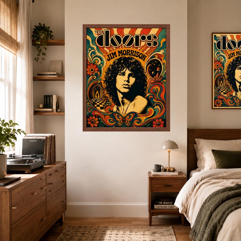 May include: A framed wall poster featuring a stylised portrait of Jim Morrison with the text The Doors and Jim Morrison. The artwork uses a vibrant colour palette of orange, yellow, teal, and red with swirling patterns, flowers, and a butterfly.