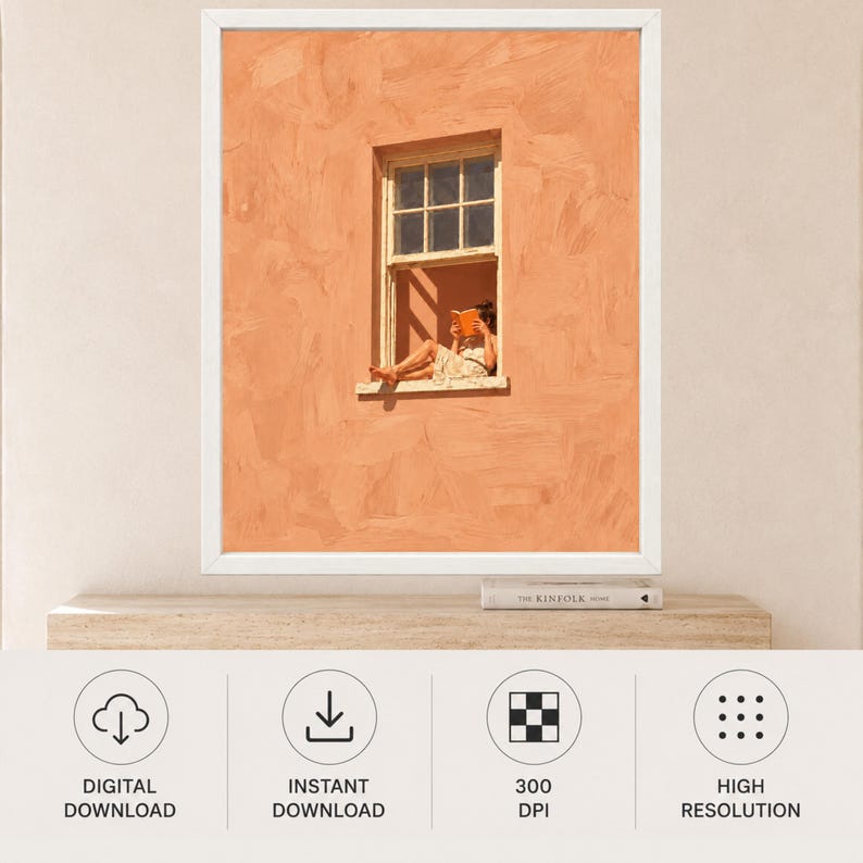 Woman Reading Window Print, Mediterranean Wall Art, Peach Orange Book Lover Decor, Digital Download image 11