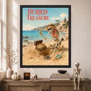 Puede incluir: Una l&aacute;mina enmarcada titulada BURIED TREASURE que muestra un esqueleto con sombrero de paja, gafas de sol y pa&ntilde;uelo rojo en una playa. El esqueleto usa un detector de metales para encontrar un cofre lleno de oro y perlas junto al mar.