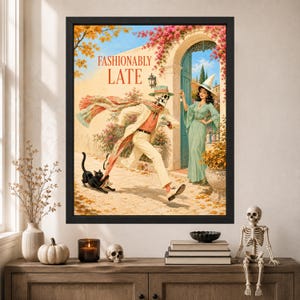 May include: A framed wall art print titled Fashionably Late featuring a skeleton in a cream suit and hat running with a scarf, a black cat pulling the scarf, and a person in a green dress and witch hat standing in a stone archway with flowers.