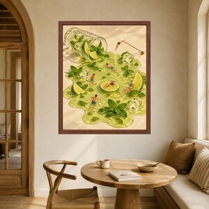 Stampa artistica surreale a tema mojito per piscina, cocktail lime e menta, decorazione per carrello bar (download digitale) immagine 5