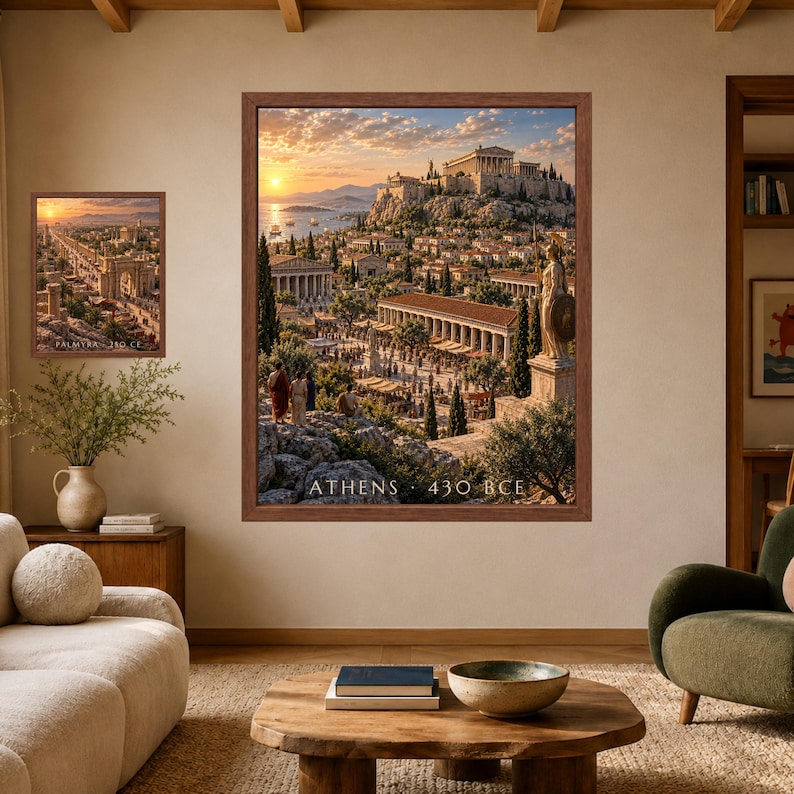 May include: Two framed wall art prints featuring historical cityscapes. The larger print depicts Athens in 430 BCE with the Parthenon and a statue, while the smaller print shows Palmyra. Both prints are enclosed in brown wooden frames.