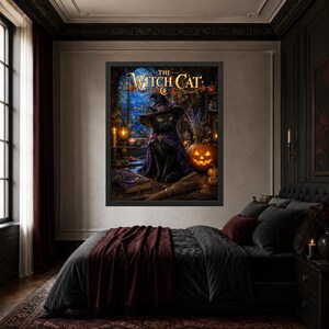 May include: A framed wall art print titled The Witch Cat featuring a black cat wearing a purple witch hat and cape, sitting near a glowing jack-o'-lantern, a broom, and a book in a dimly lit room with a window view of a night landscape.