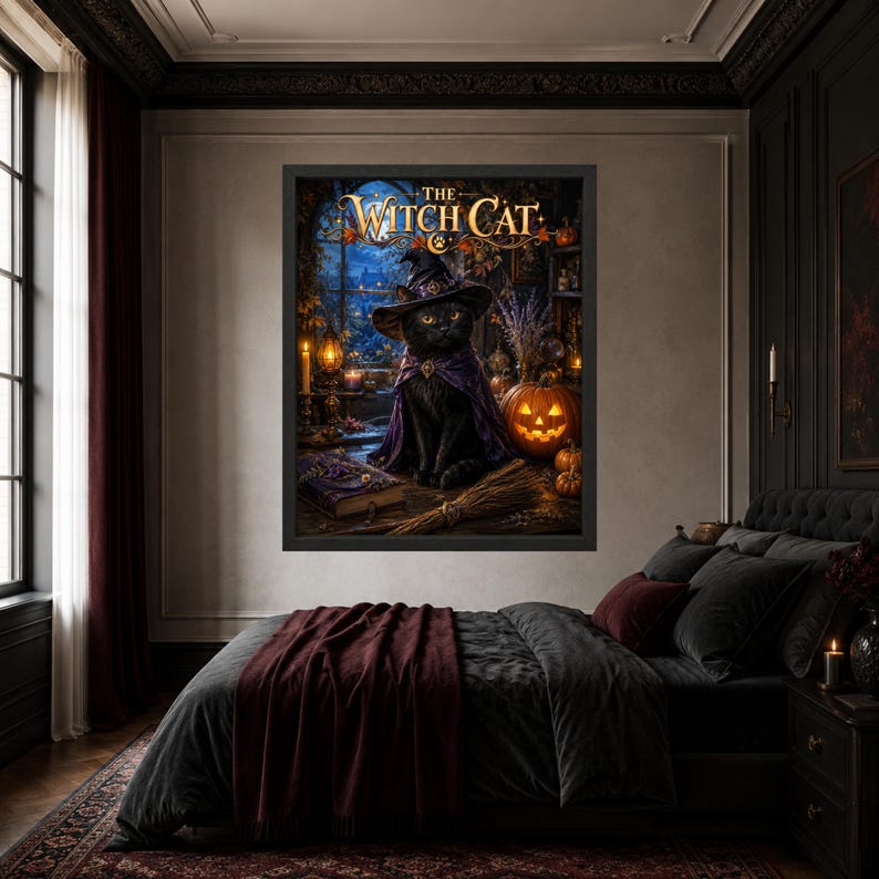 May include: A framed wall art print titled The Witch Cat featuring a black cat wearing a purple witch hat and cape, sitting near a glowing jack-o'-lantern, a broom, and a book in a dimly lit room with a window view of a night landscape.