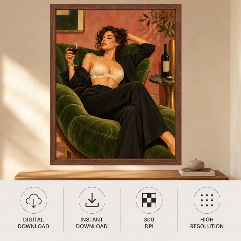 Woman With Wine Wall Art, Green Velvet Lounge Print, Fashion Poster (Digital Download) immagine 11