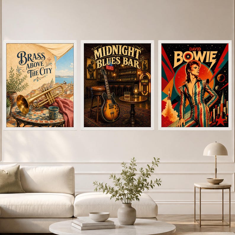 Puede incluir: Tres l&aacute;minas de pared enmarcadas. La l&aacute;mina de la izquierda muestra una trompeta de lat&oacute;n sobre una mesa con el texto Brass Above The City. La central muestra una guitarra en un bar con el texto Midnight Blues Bar. La derecha muestra a David Bowie.