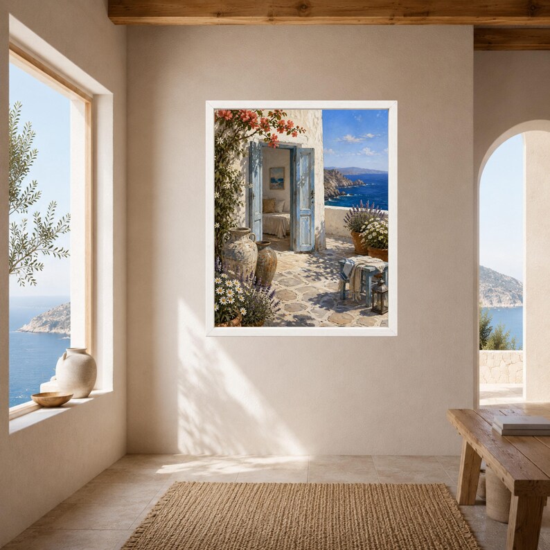 K&ouml;nnte beinhalten: Ein gerahmter Wandkunstdruck, der eine mediterrane K&uuml;stenszene mit einer offenen blauen T&uuml;r, einer Steinterrasse, Terrakottat&ouml;pfen, bl&uuml;henden Ranken und dem Blick auf das tiefblaue Meer unter klarem Himmel an einer neutralen Innenwand zeigt.
