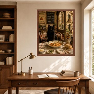 May include: A framed wall art print depicting a black cat sitting at a table set with a bowl of pasta, a glass of red wine, and bread. The scene is set in a restaurant with a checkered tablecloth, menu boards on the wall, and an open doorway.