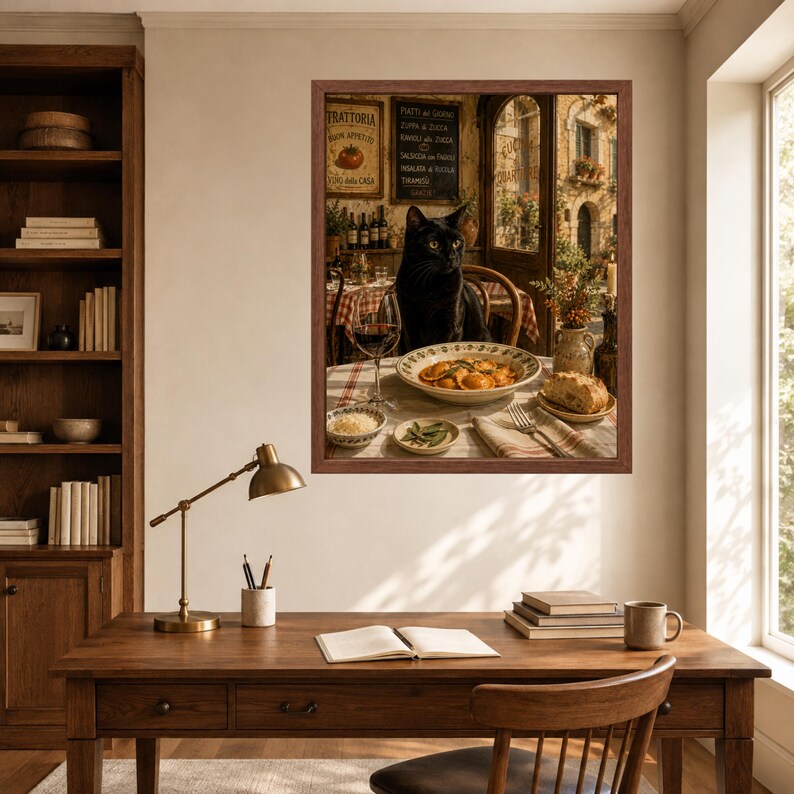 May include: A framed wall art print depicting a black cat sitting at a table set with a bowl of pasta, a glass of red wine, and bread. The scene is set in a restaurant with a checkered tablecloth, menu boards on the wall, and an open doorway.