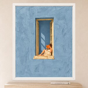 Woman Reading in Window Print, Mediterranean Blue Wall Art (Digital Download) image 2