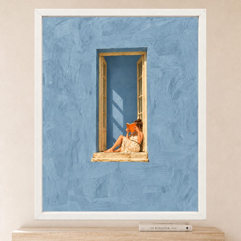 Woman Reading in Window Print, Mediterranean Blue Wall Art (Digital Download) image 2