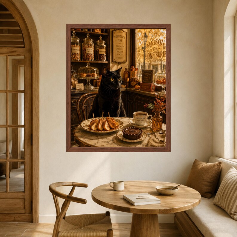May include: A framed wall art print depicting a black cat sitting at a marble table in a confectionery shop. The table holds a plate of pastries, a chocolate tart, and a cup of coffee. The background shows glass jars and a window with text.