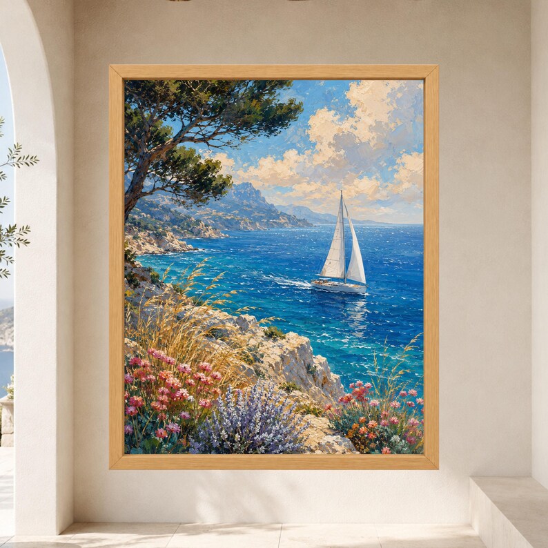 May include: A framed landscape painting depicting a white sailboat on a vibrant blue sea. The foreground features rocky cliffs with pink flowers and tall grasses, while a large tree overhangs the scene under a bright sky with white clouds.