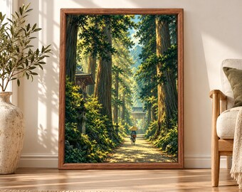 Japanese Forest Temple Path Print, Cedar Trees, Zen Woodland Art (Digital Download)
