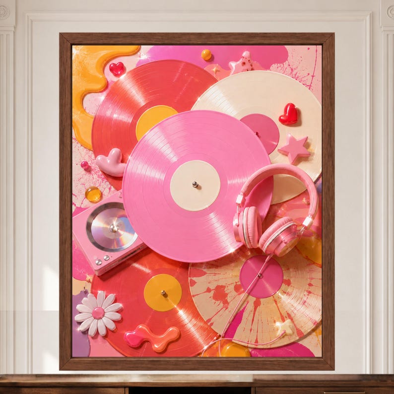 May include: A framed wall art print featuring a vibrant collage of vinyl records in shades of pink, red, and cream. The composition includes a pink portable record player, light pink headphones, and decorative elements like stars, hearts, and a flower.