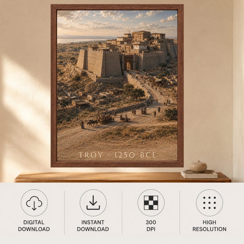 Puede incluir: Una impresi&oacute;n de arte mural enmarcada que representa una antigua fortaleza de piedra con muros altos y una entrada cerrada, en un paisaje seco. El texto TROY 1250 BCE est&aacute; impreso en la parte inferior. La escena incluye figuras y carros en un camino.