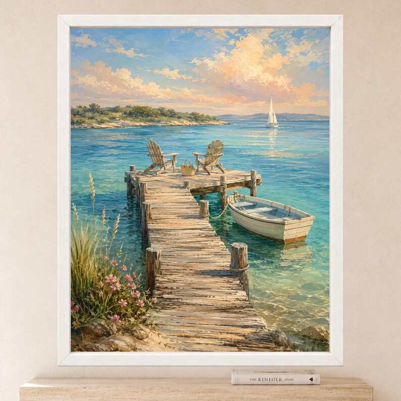 May include: A framed painting depicting a wooden pier extending into turquoise water. Two wooden chairs sit on the end of the pier near a small boat. In the distance, a sailboat floats on the water under a sky filled with soft, light-colored clouds.