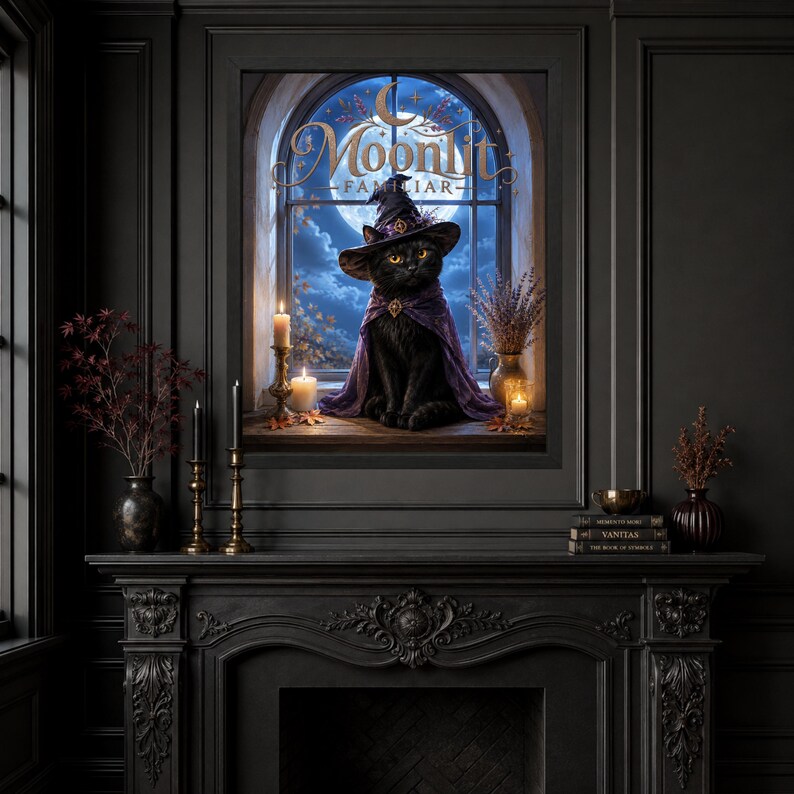 K&ouml;nnte beinhalten: Ein gerahmter Wandkunstdruck mit dem Titel MoonLit Familiar, der eine schwarze Katze mit violettem Hexenhut und Umhang zeigt, die auf einem Sims vor einem Bogenfenster mit Vollmond sitzt. Die Szene enth&auml;lt brennende Kerzen und getrockneten Lavendel.