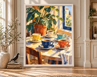 Mediterranean Coffee Cups Print, Colorful Kitchen Art, Painterly Café Scene (Digital Download)