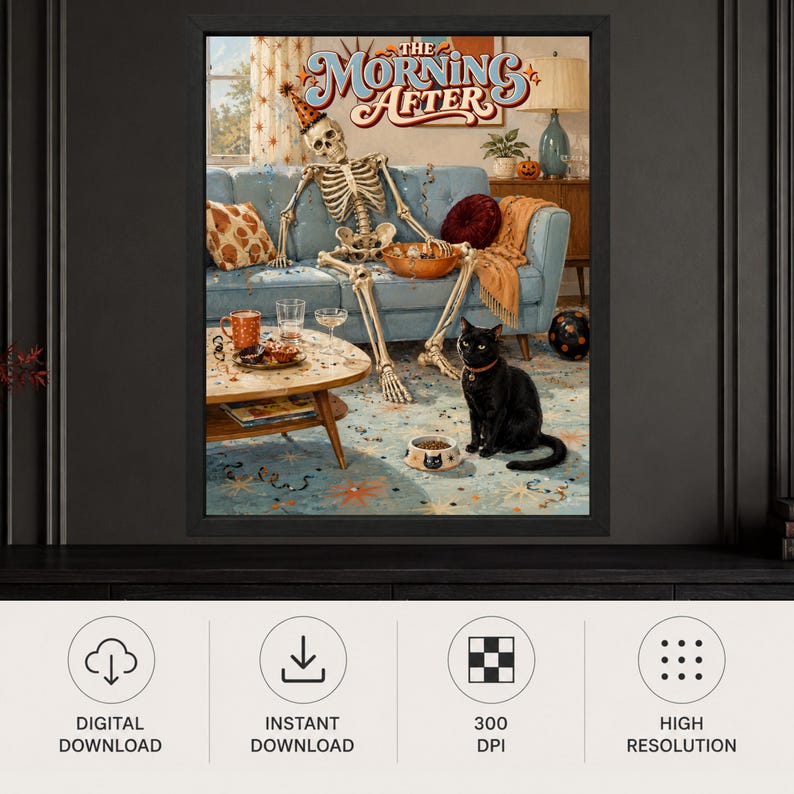 May include: A framed wall art print titled The Morning After, featuring a skeleton wearing a party hat lounging on a blue sofa with a black cat sitting on the floor nearby. The scene includes a coffee table with snacks, a lamp, and confetti.