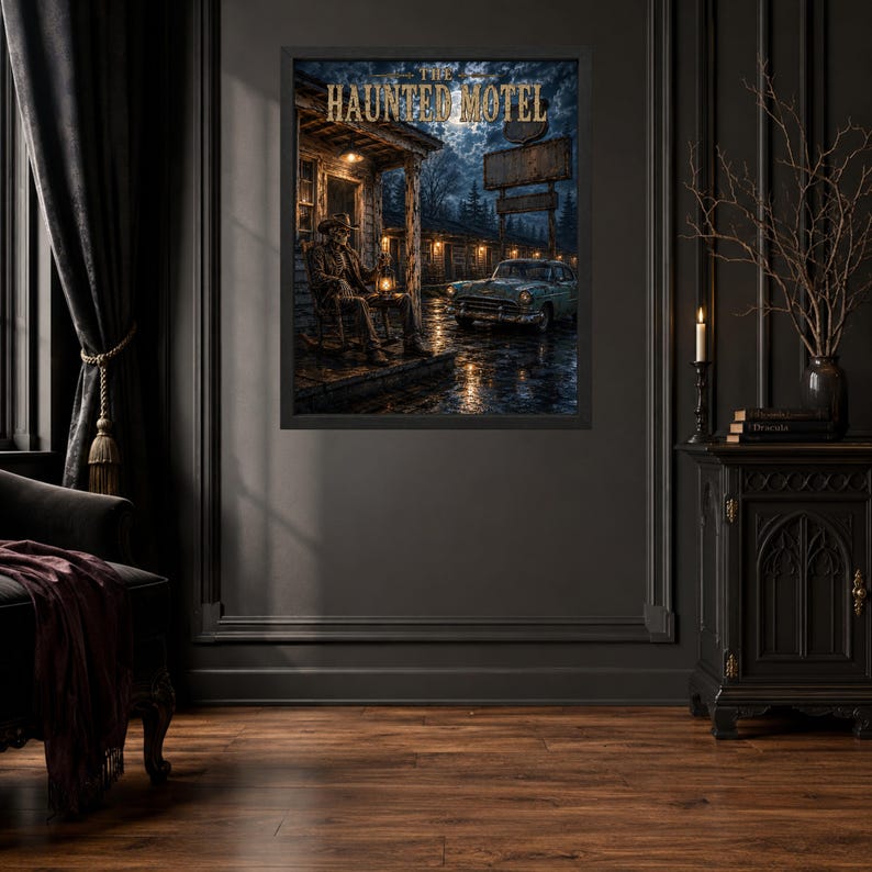 May include: A framed wall art print titled THE HAUNTED MOTEL depicting a dark, rainy night scene at a motel. A skeletal figure in a hat sits on a porch rocking chair holding a lantern, with a vintage teal car parked nearby under a full moon.