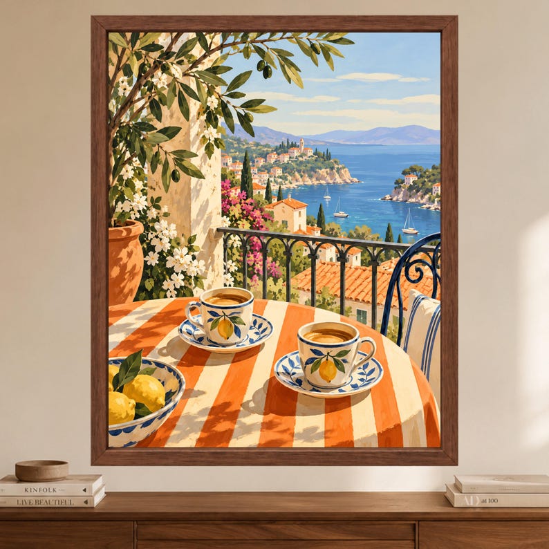 Mediterranean Coffee Print, Italian Coastal Cafe Art, Lemon Espresso Poster (Digital Download) image 2
